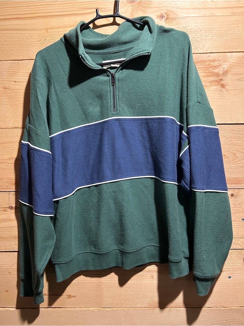 Womens’s Green Quarter-Zip Sweater with Navy Stripe